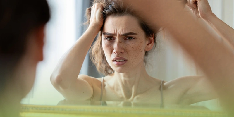 Женщина с аутоагрессией стоит возле зеркала и тянет себя за волосы 